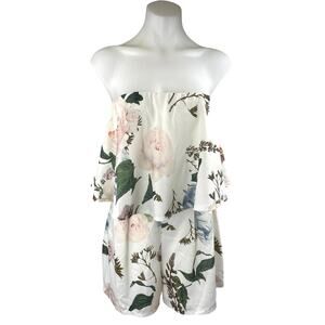 Charlotte Russe White Floral Strapless Sleeveless Tube Jumpsuit Romper Shorts S